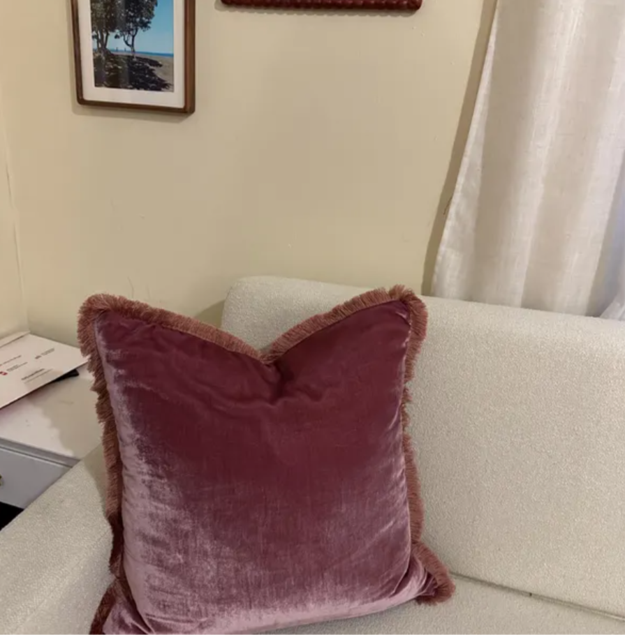 Velvet Pillow Cover, Silk Velvet Cushion, Berry Pink Velvet Fringe Cushion