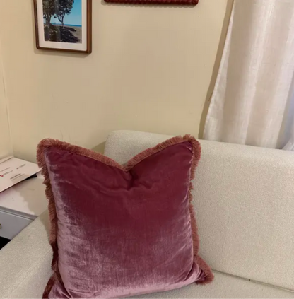 Velvet Pillow Cover, Silk Velvet Cushion, Berry Pink Velvet Fringe Cushion