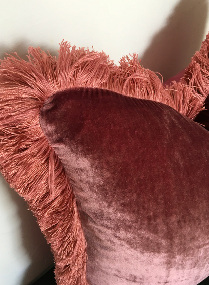 Velvet Pillow Cover, Silk Velvet Cushion, Berry Pink Velvet Fringe Cushion