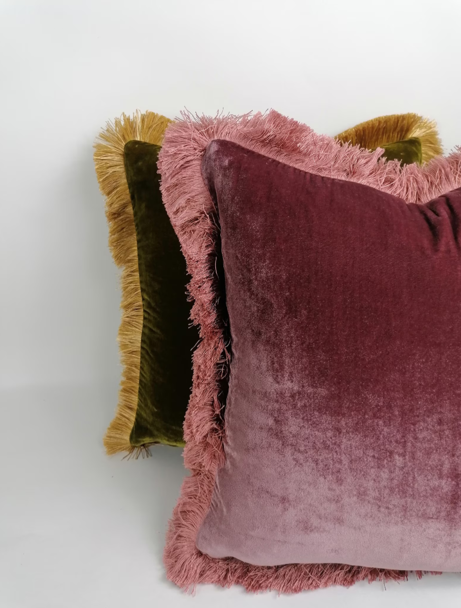 Velvet Pillow Cover, Silk Velvet Cushion, Berry Pink Velvet Fringe Cushion