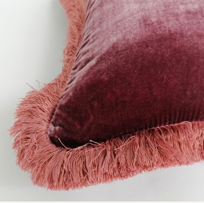 Velvet Pillow Cover, Silk Velvet Cushion, Berry Pink Velvet Fringe Cushion