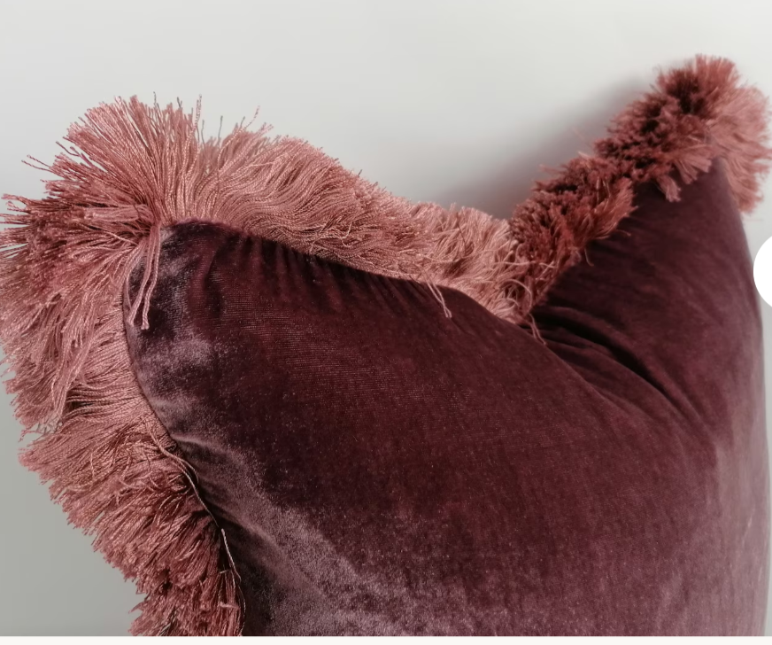 Velvet Pillow Cover, Silk Velvet Cushion, Berry Pink Velvet Fringe Cushion