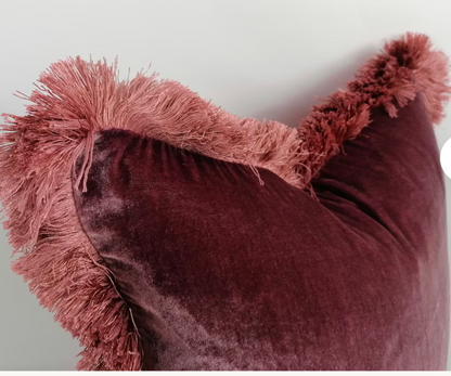 Velvet Pillow Cover, Silk Velvet Cushion, Berry Pink Velvet Fringe Cushion