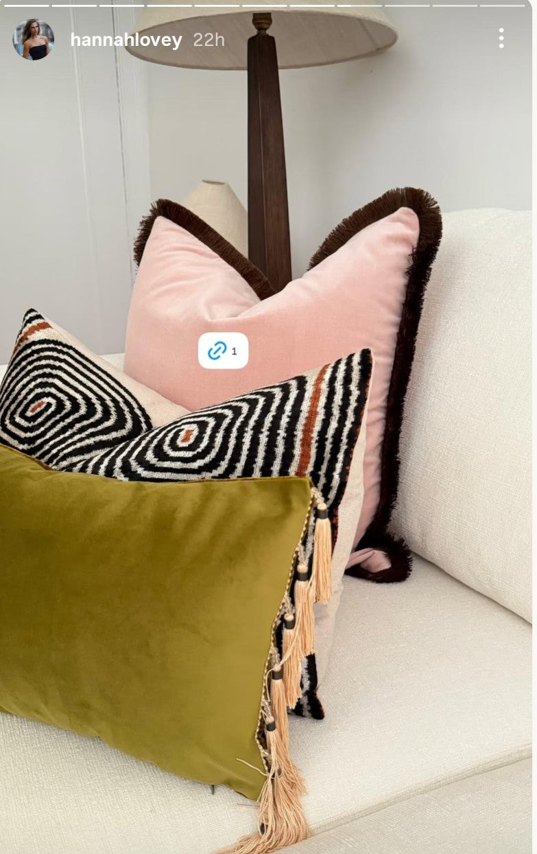 Pink Velvet Throw Pillow - Blush Pink Velvet Cushion With Brown Fringe