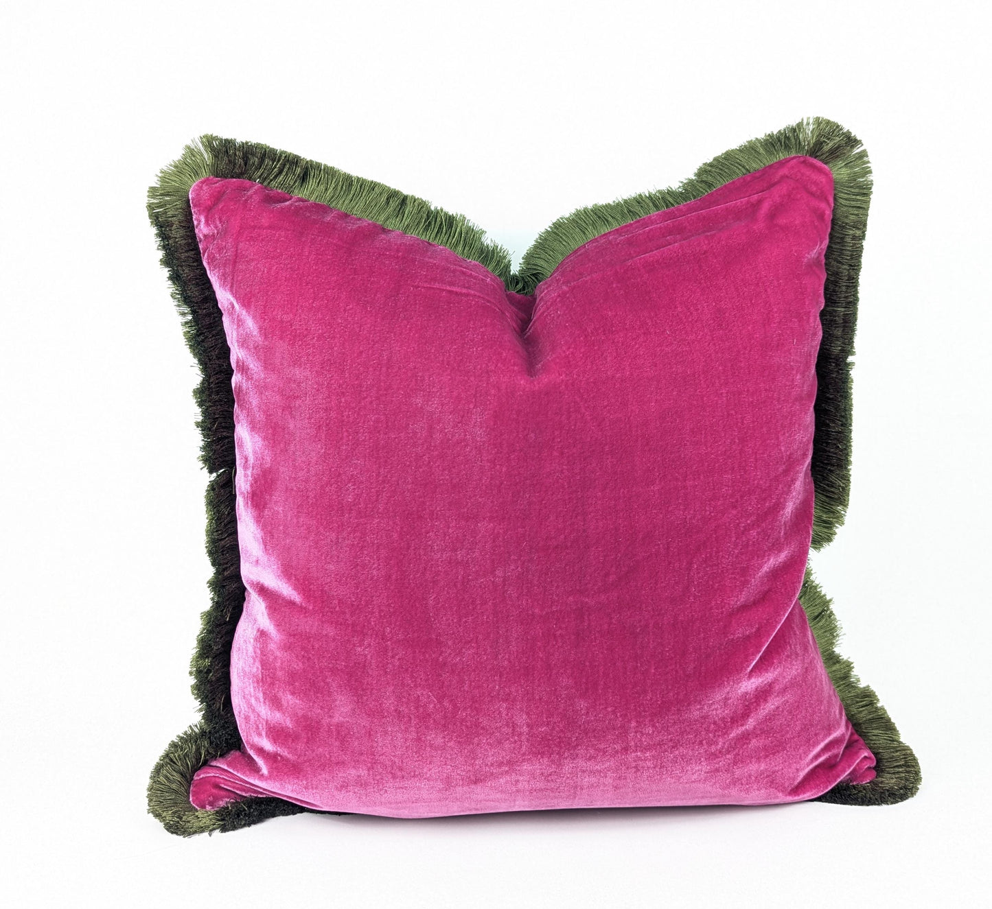 Velvet Throw Pillow, Silk Velvet Cushion, Cerise Pink with Moss Green Fringe Trim