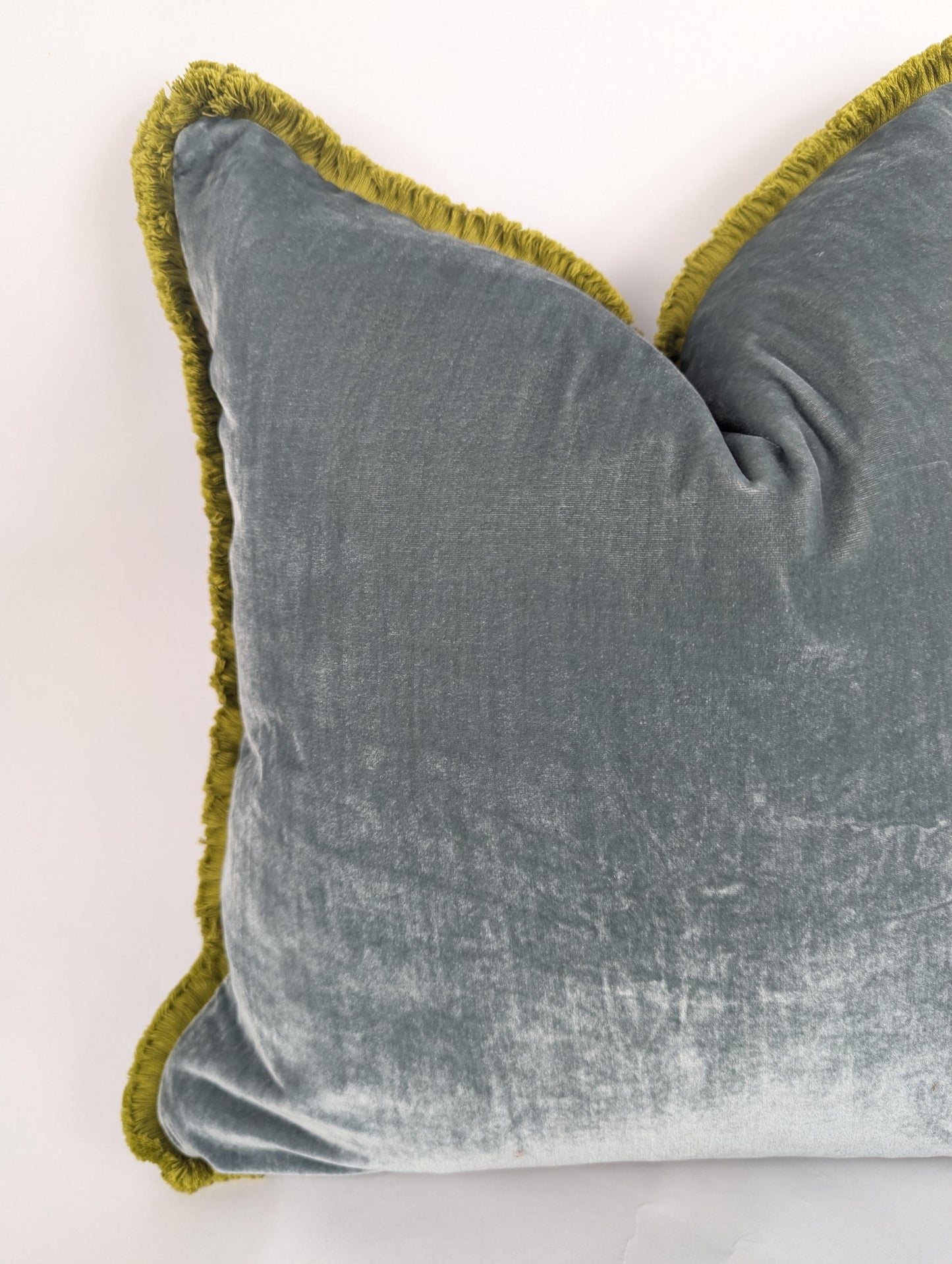 Velvet Pillow Cover, Velvet Cushion, Sea Blue with Chartreuse Fringe Trim