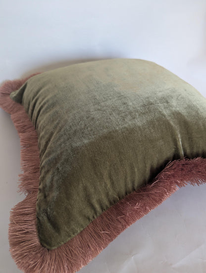 Velvet Pillow Cover, Silk Velvet Cushion, Sage Green with Dusty Pink Fringe Trim