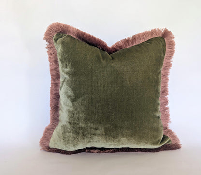 Velvet Pillow Cover, Silk Velvet Cushion, Sage Green with Dusty Pink Fringe Trim