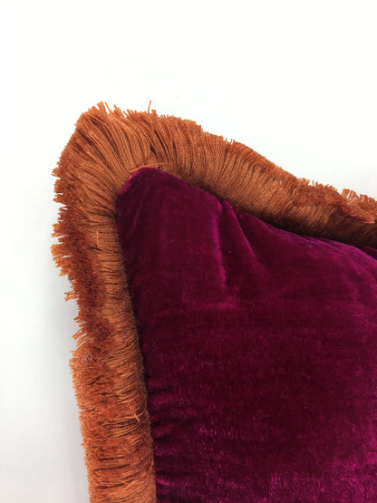 Velvet Throw Pillow Covers - Velvet Cushion - Fuschia with Coral Fringe Trim