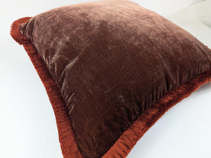 Velvet Pillow Cover, Silk Velvet Cushion, Brown with Orange Frim Trim