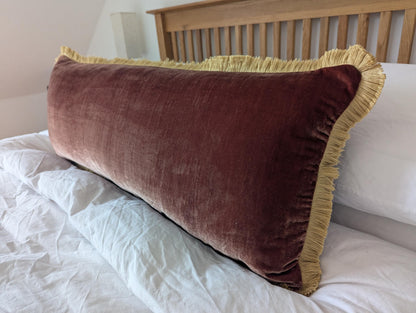 Brown Silk Velvet Lumbar Pillow, Gold Fringe Trim Cushion