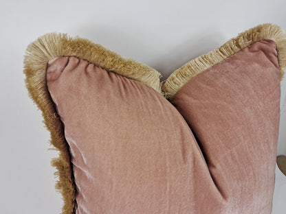 Velvet Pillow, Silk Velvet Cushion, Dusty Rose with Beige Fringe Trim