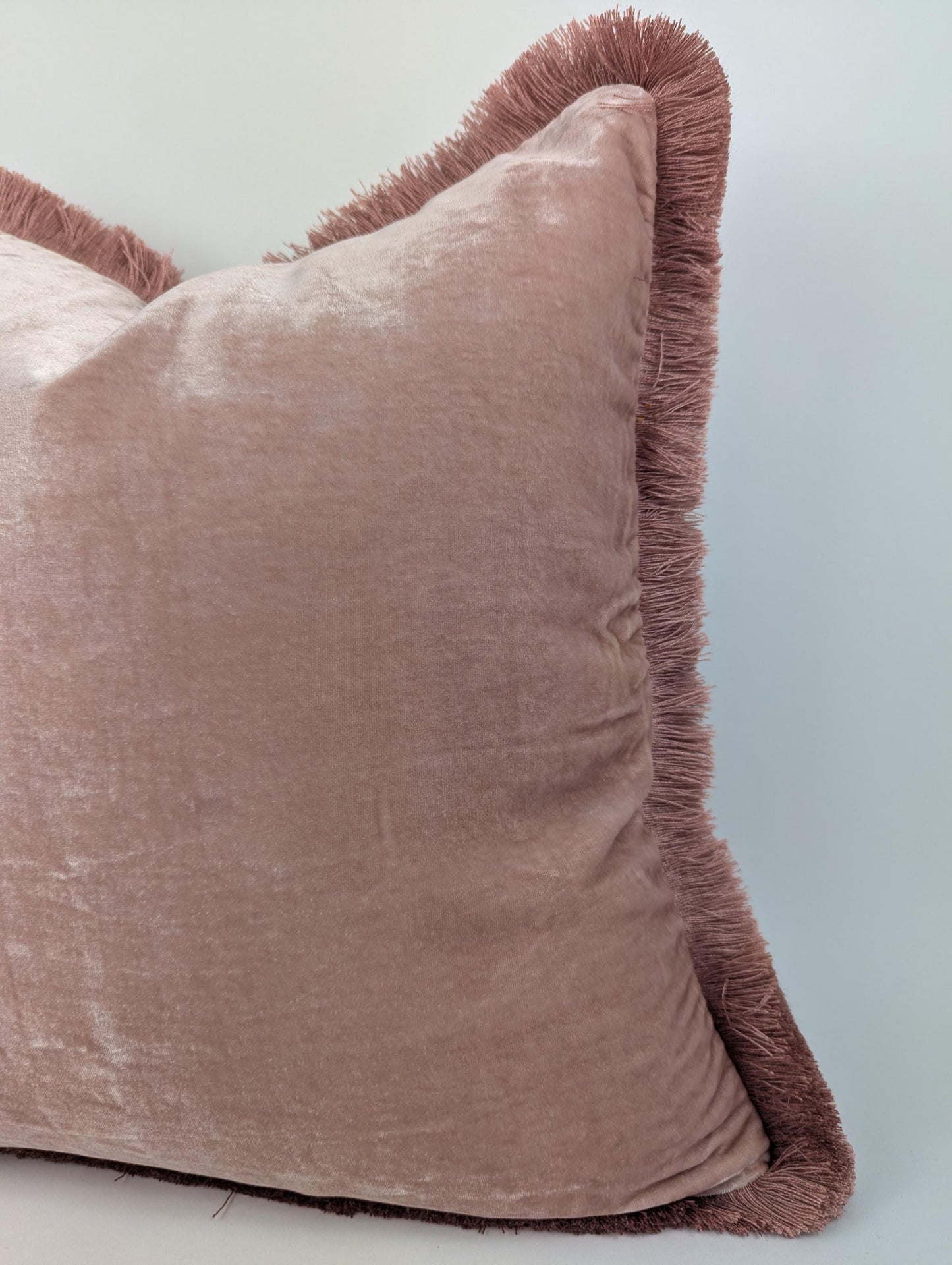 Velvet Throw Pillow, Silk Velvet Cushion, Dusty Rose with Dusty Pink Fringe Trim