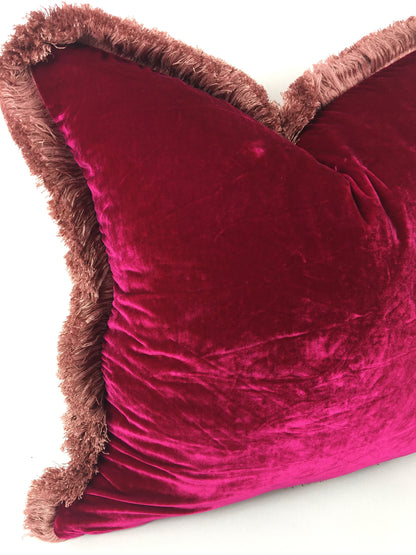 Silk Velvet Throw Pillow, Fuschia Pink Cushion with Dusty Pink Fringe