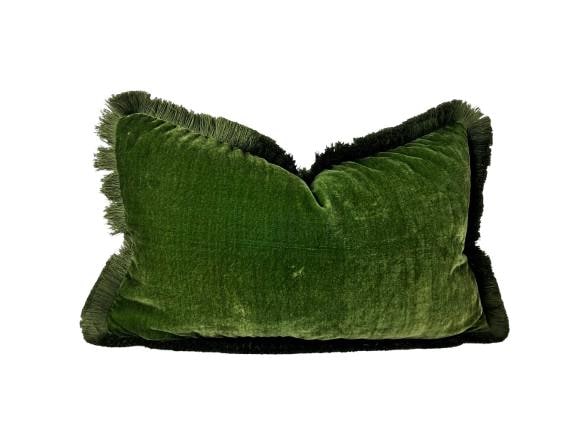 Moss Green Silk Velvet Fringe Pillow Cover, Luxurious Throw Cushion