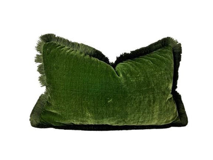 Moss Green Silk Velvet Fringe Pillow Cover, Luxurious Throw Cushion