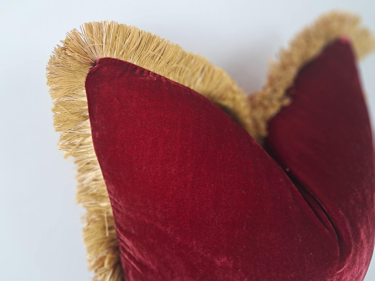 Velvet Pillow Cover, Silk Velvet Cushion, Redcurrant with Gold Fringe Trim