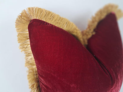Velvet Pillow Cover, Silk Velvet Cushion, Redcurrant with Gold Fringe Trim
