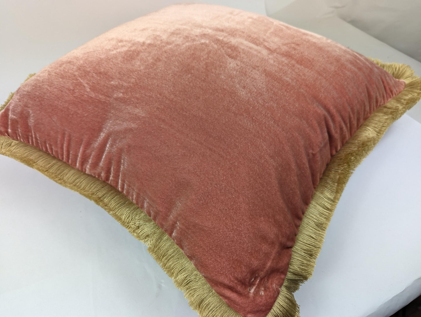 Velvet Pillow Cover, Silk Velvet Cushion, Coral with Light Beige Fringe Trim