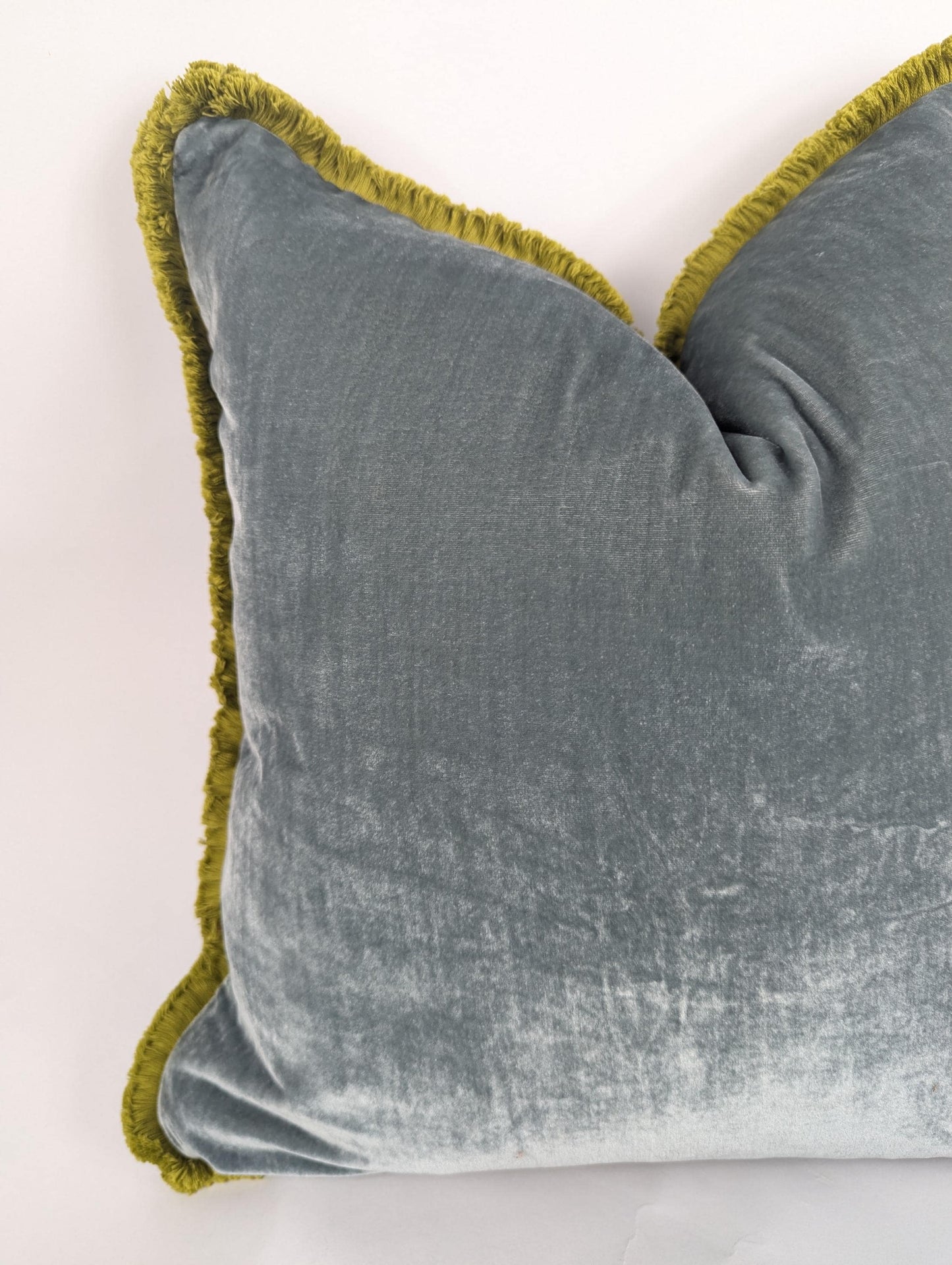 Sea Blue Silk Velvet Throw Pillow Covers - Blue and Green Fringe Cushion - Coastal Decor