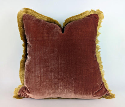 Brown Silk Velvet Pillow Cover with Gold Fringe Trim