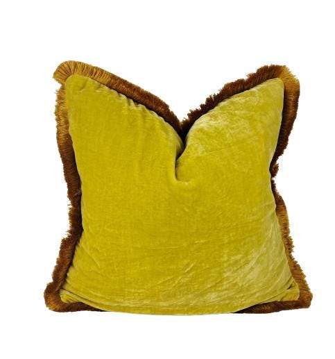 Spring Yellow Silk Velvet Throw Pillow Covers - Yellow and Orange Fringe Cushion - Custom Pillow