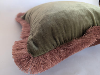 Velvet Pillow Cover, Silk Velvet Cushion, Sage Green with Dusty Pink Fringe Trim