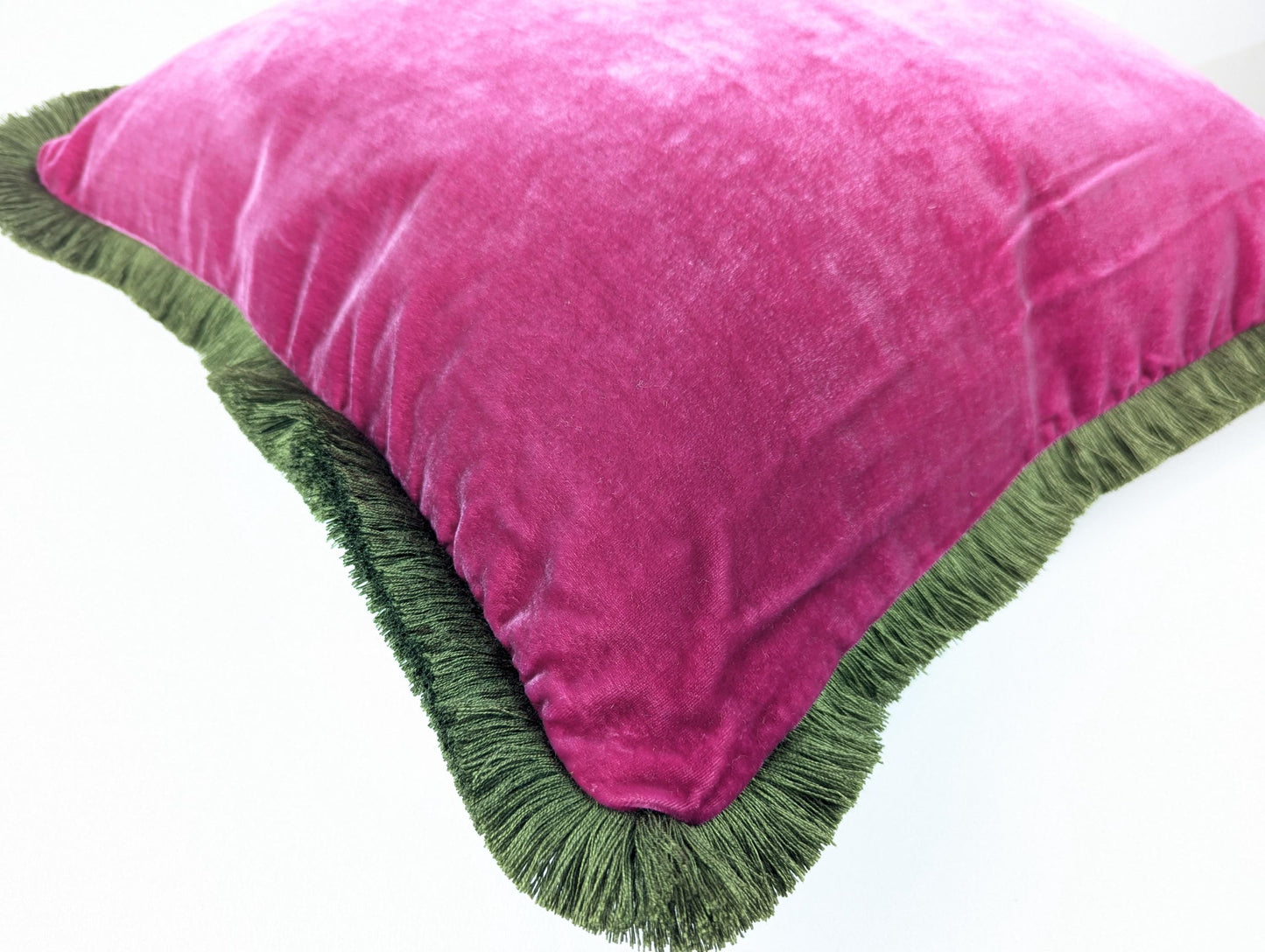 Velvet Throw Pillow, Silk Velvet Cushion, Cerise Pink with Moss Green Fringe Trim
