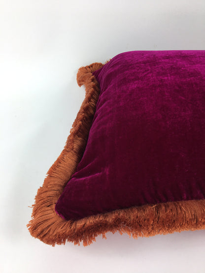 Velvet Throw Pillow Covers - Velvet Cushion - Fuschia with Coral Fringe Trim