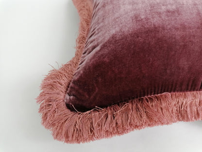 Berry Pink Silk Velvet Cushion Cover with Dusty Pink Fringe Trim