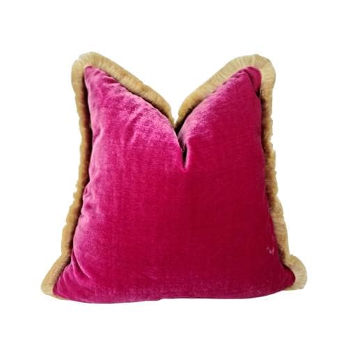 Cerise Silk Velvet Throw Pillows - Pink Fringe Cushion - Pink Home Decor