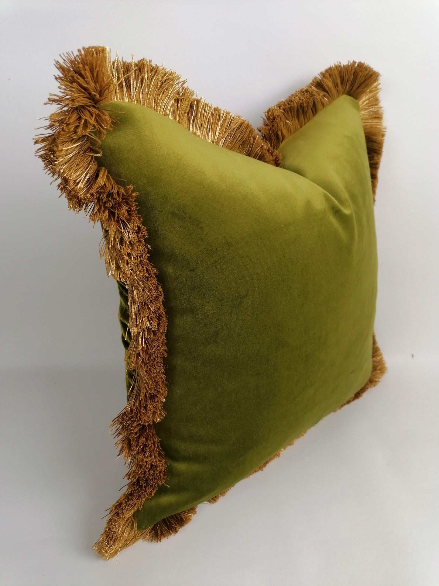 Long Lumbar Pillow, Long Lumbar Velvet Cushion, Chartreuse Green with Gold Fringe Trim