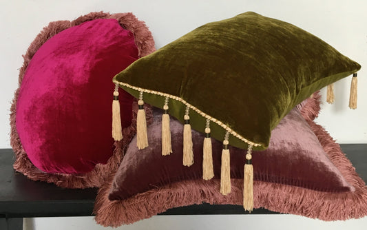 Chartreuse Silk Velvet Pillow Covers - Green and Gold Tassel Cushion - Maximalist Pillow