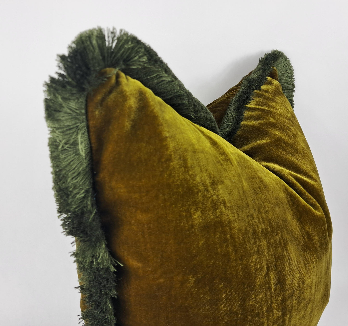 Silk Velvet Pillow Cover, Chartreuse Moss Fringe Trim, Jewel Tone Throw Cushion