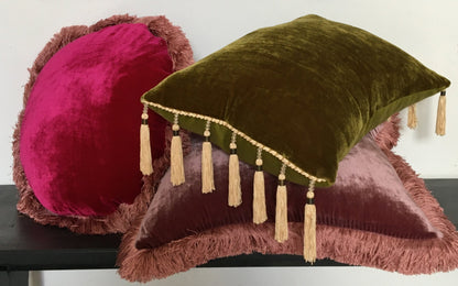 Velvet Throw Pillow Covers - Velvet Cushion - Fuschia with Coral Fringe Trim