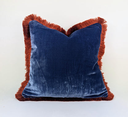 Velvet Throw Pillow, Silk Velvet Cushion, Blue with Rusty Orange Fringe Trim