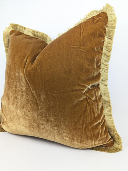 Velvet Throw Pillow Cover, Silk Velvet Cushion, Caramel with Beige Fringe Trim