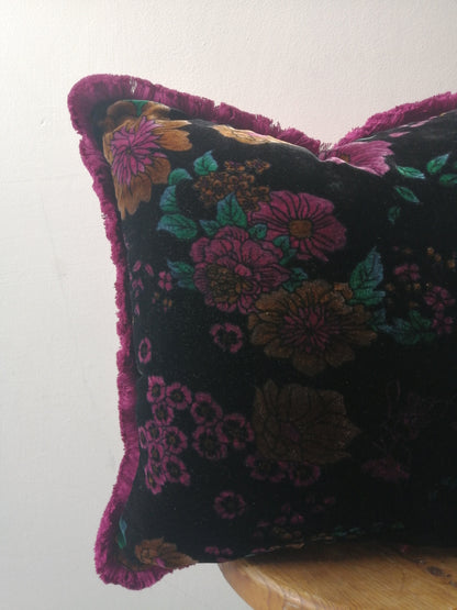 Velvet Throw Pillow, Silk Velvet Cushion, Black Floral with Fuschia Fringe Trim