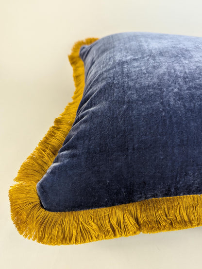 Blue Velvet Pillow Covers - Blue and Gold Fringe Cushion - Royal Home Decor
