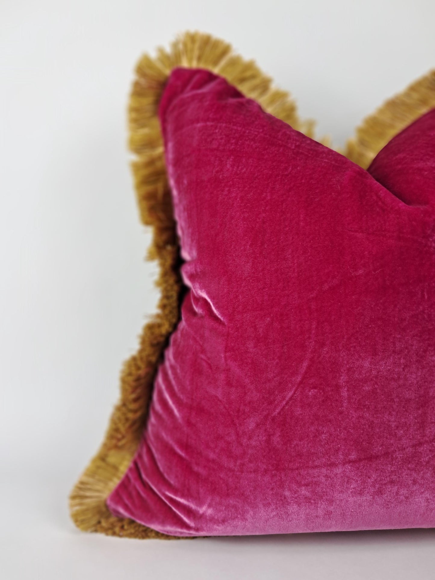 Velvet Throw Pillow, Silk Velvet Cushion, Cerise Pink with Gold Fringe Trim