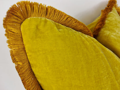 Silk Velvet Throw Pillow Cover – Yellow Fringe Cushion, Custom Made