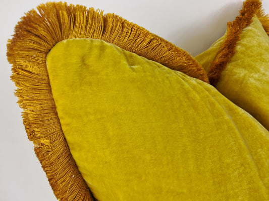 Silk Velvet Throw Pillow Cover – Yellow Fringe Cushion, Custom Made