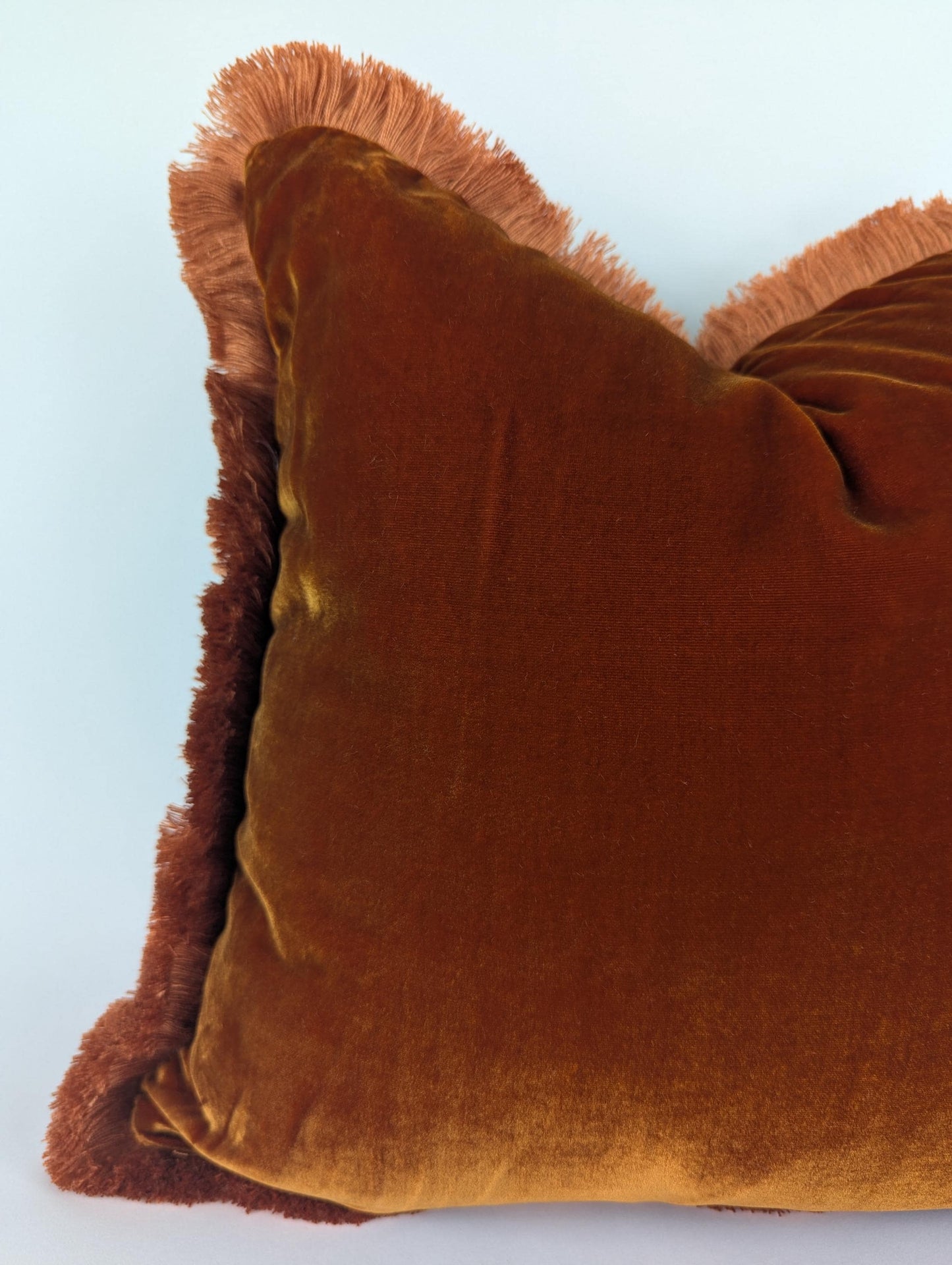 Rusty Silk Velvet Pillow Covers - Orange Fringe Cushion - Living Room Decor