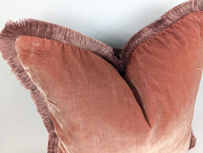 Velvet Fringe Pillow Cover, Silk Velvet Cushion, Coral with Beige Fringe