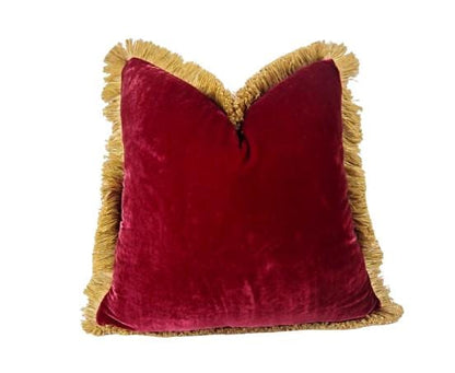 Velvet Pillow Cover, Silk Velvet Cushion, Redcurrant with Gold Fringe Trim
