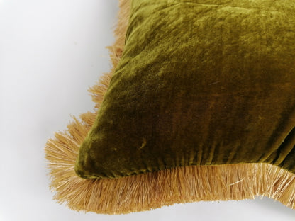Chartreuse Silk Velvet Throw Pillow Covers - Green and Gold Fringe Cushion - Maximalist Pillow