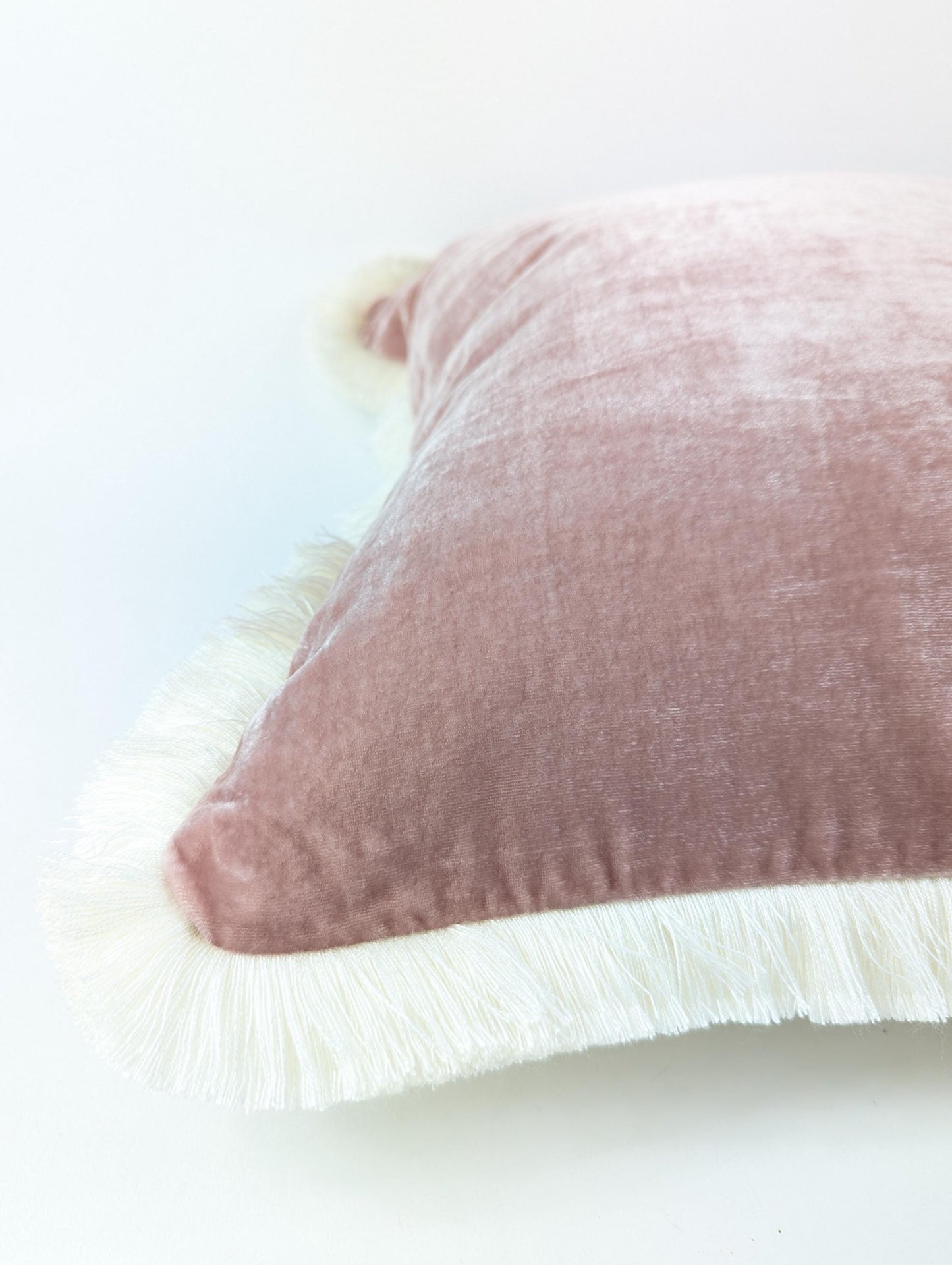 Dusty Rose Silk Velvet Pillow Cover, Fringe Cushion, Luxury Throw Pillow