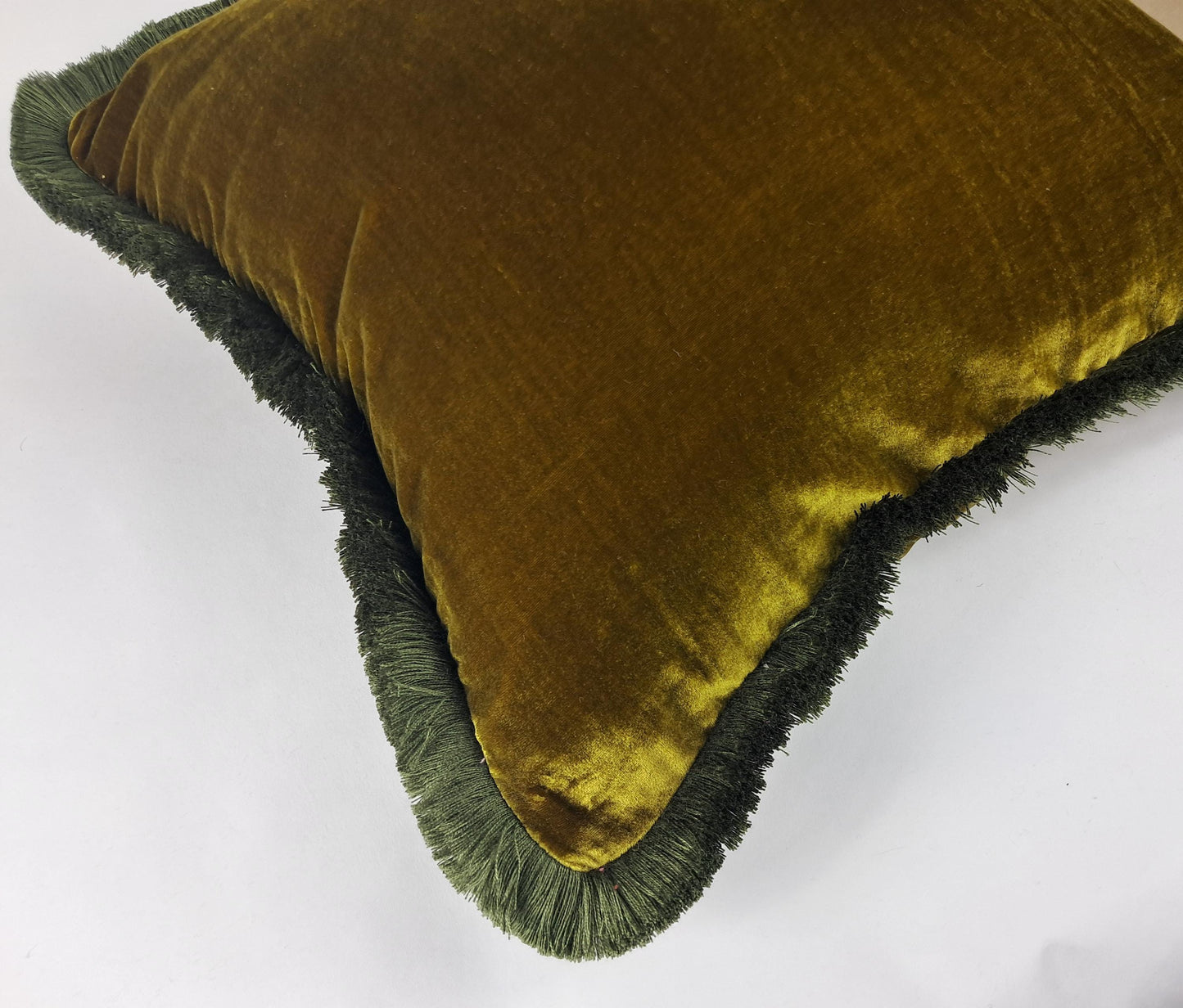 Silk Velvet Pillow Cover, Chartreuse Moss Fringe Trim, Jewel Tone Throw Cushion