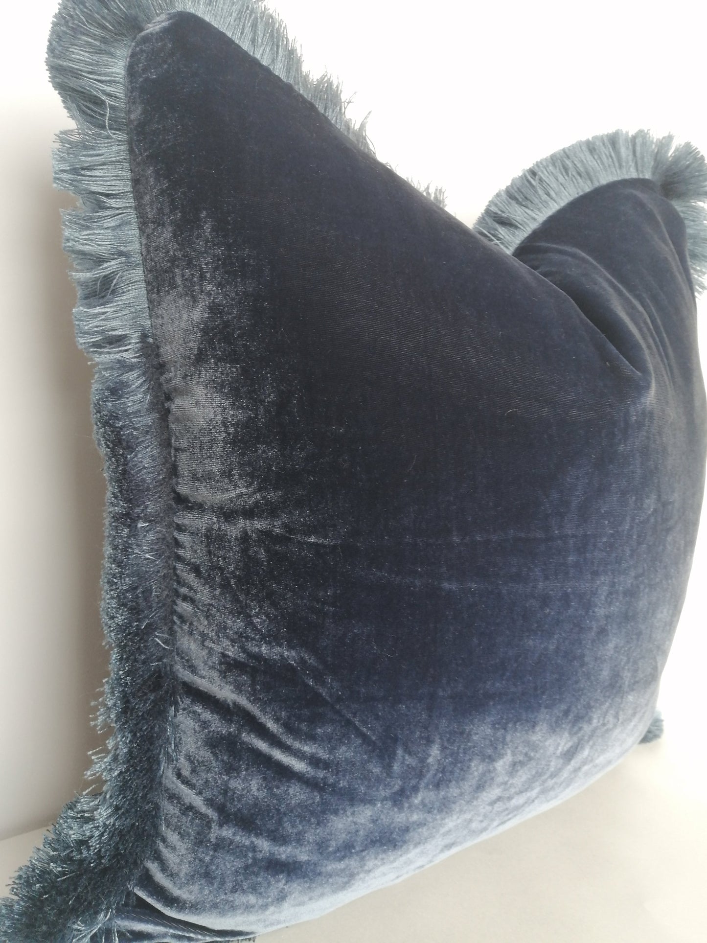 Navy Silk Velvet Pillow Cover, Dusty Blue Fringe Cushion, Living Room Accent