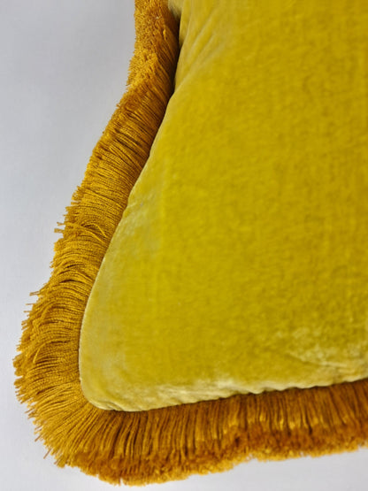 Silk Velvet Throw Pillow Cover – Yellow Fringe Cushion, Custom Made